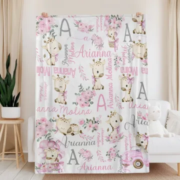Discover Personalised Cute Floral Giraffe Soft Throw Blanket with Initial and Name Nursery Decor Baby Shower Birthday Gift for Kids Newborns