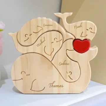 Discover Personalised Warm Hug Whale Family Wooden Puzzle with Red Heart and 2-5 Names Desk Decor Mother's Day Birthday Anniversary Gift for Family
