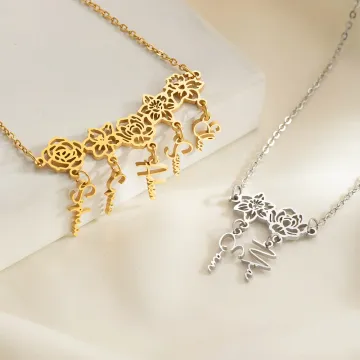 Discover Personalised Birth Flower Necklace with 1-8 Names Woman Jewellery Birthday Mother's Day Anniversary Gift for Mom Grandmother