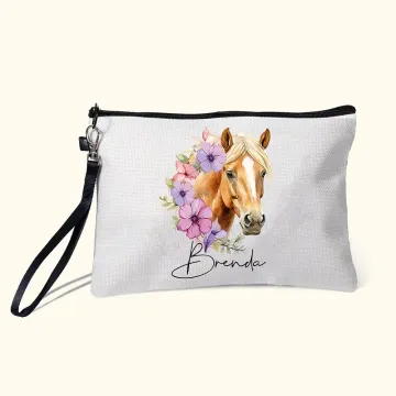 Discover Personalised Birth Flower Horse Birthmark Makeup Bag with Name and Wrist Strap Travel Accessory Birthday Gift for Horse Lover
