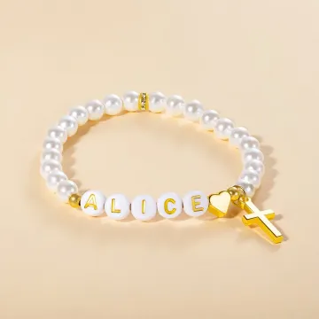 Discover Personalised Freshwater Shell Pearl Cross Bracelet with Name Birthday Christening Religious Gift for Women