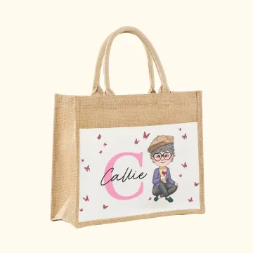 Discover Personalised Woman Cartoon Character Butterfly Design Jute Tote Bag with Initial and Name Accessorie Retirement Birthday Gift for Grandma Mom
