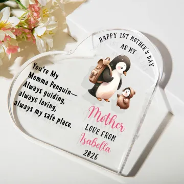 Discover Personalised Cute Penguin Mother and Baby Heart-shape Acrylic Plaque with Name and Year Desk Decor 1st Mother's Day Anniversary Gift for New Mom