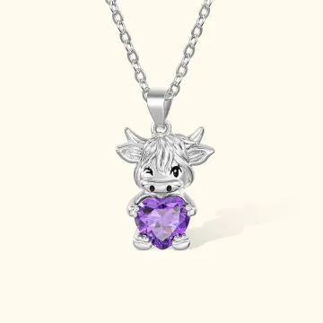 Discover Personalised Sterling Silver Highland Cow Necklace with Heart Birthstone Mother's Day Birthday Anniversary Gift for Highland Cow Lovers