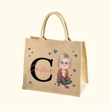 Discover Personalised Woman Cartoon Character Butterfly Design Jute Tote Bag with Initial and Name Accessories Retirement Birthday Gift for Grandma Mom