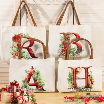Discover Personalised 3D Effect Holly Flowers Initial Canvas Tote Bag with Name and Leather Handle Christmas Birthday Gift for Family Friends