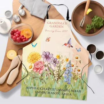 Discover Personalised Grandma's Garden 2-15 Birth Flowers Adjustable Apron with Text and Front Pocket Birthday Gift for Grandma Cooking Lover