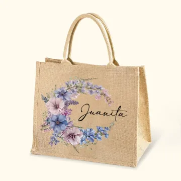 Discover Personalised Birth Flower Wreath Reusable Jute Bag with Name Travel Accessories Birthday Christmas Gift for Women Girls