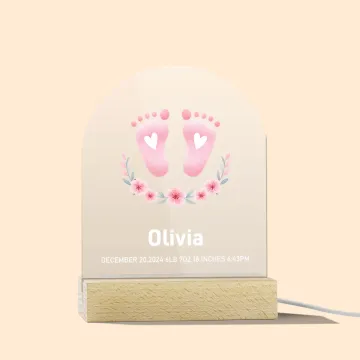 Discover Personalised Cute Footprint Design Acrylic LED Night Light with Wooden Base Name and Text Baby Shower Room Decor Birthday Gift for Baby New Mom