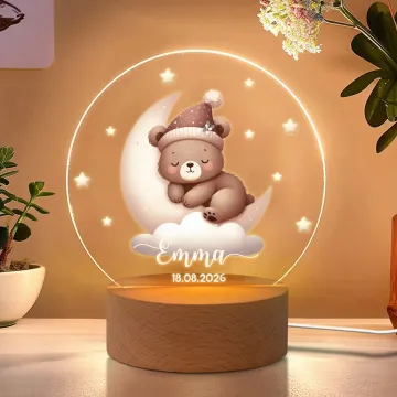 Discover Personalised Moon Stars Cute Sleeping Animals LED Night Light with Name Date and Wooden Base Nursery Decor Birthday Baby Shower Gift for Kid