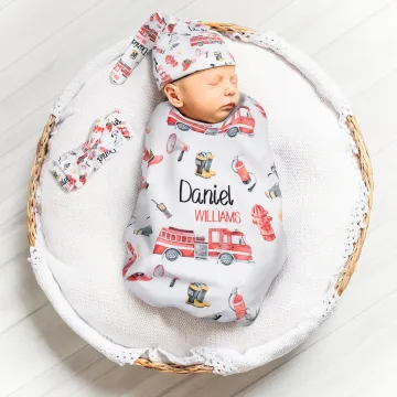 Discover Personalised Cute Fire Lorry Soft Baby Swaddle Hat Bow Headband with Name Coming Home Outfit Photo Prop Baby Shower Gift for Newborn