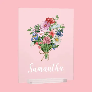 Discover Personalised Birth Flower Bouquet  Acrylic Plaque Family Theme Vintage Home Decoration Birthday Anniversary Gift for Mom Grandma