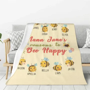 Discover Personalised Bee Happy Fleece Blanket with 2-15 Names Mother's Day Birthday Gift for Mom Grandma