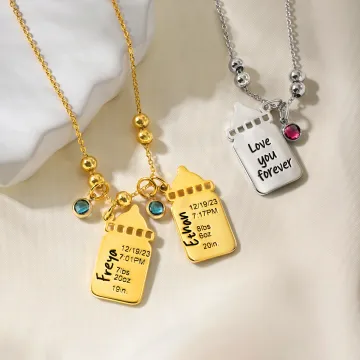 Discover Personalised Baby Birth Stats 1-3 Baby Bottle Necklace with Engraved Text and Birthstone Birth Announcement Baby Shower Gift for Kid New Mom