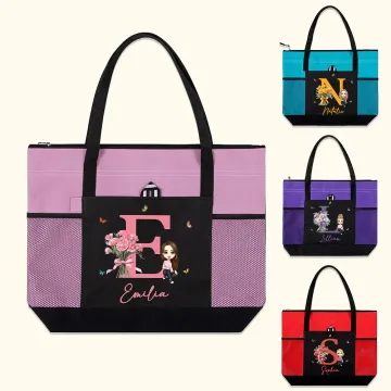 Discover Personalised Birth Flower Cartoon Character Initial Large Resuable Tote Bag with Name Birthday  Christmas Gift for Women