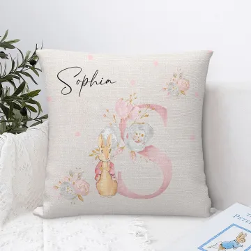 Discover Personalised Cute Peter Rabbit Floral Initial Throw Pillow Cover with Name Baby Shower Birthday Gift for Newborn Kid