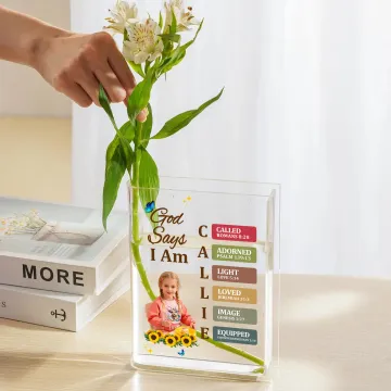 Discover Personalised God Says You Are Clear Acrylic Book Vase with Name and Photo Inspirational Birthday Baptism Gift for Book Lover Christian