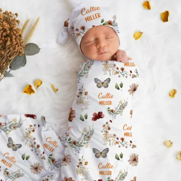 Discover Personalised Bohemian Wildflower Butterfly Name Soft Swaddle Blanket and Hat Set Baby Shower Baptism Gift for Newborn