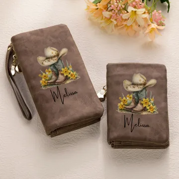 Discover Personalised Birth Flower Cowboy Boots PU Leather Wristlet Tri-Fold Wallet with Name Birthday Anniversary Gift for Women