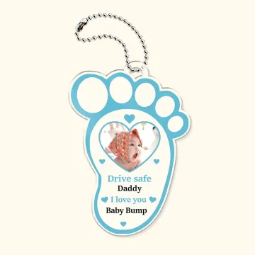 Discover Personalised Drive Safe Baby Footprint Multi-colour Acrylic Car Mirror Hanger Accessories with Baby Photo Mother's Day Father's Day Gift for Mom Dad