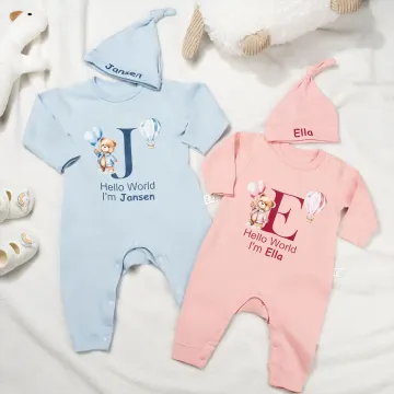 Discover Personalised Hello World Cute Bear 100% Cotton Long-sleeve Baby Bodysuit Hat Set with Name Baby Shower Baptism Gift for Newborns