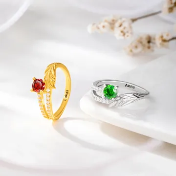 Discover Personalised Feather Birthstone Ring with Text Dainty Jewellery Daily Wear Birthday Anniversary Gift for Girl Girlfriend Woman