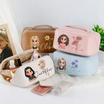 Discover Personalised Cartoon Character Birth Flower Wide Opening PU Leather Makeup Bag with Name Travel Essentials Birthday Anniversary Gift for Women