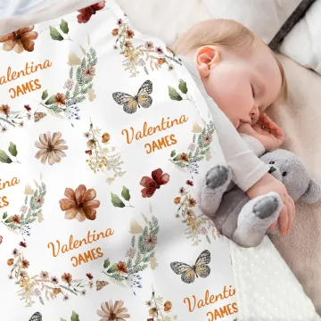 Discover Personalised Bohemian Wildflower Butterfly Name Baby Security Blanket with Dotted Backing Baby Shower Baptism Gift for Newborn