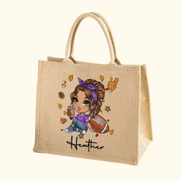 Discover Personalised Football Cartoon Girl Large Jute Tote Bag with Name Travel Essentials Birthday Gift for Women