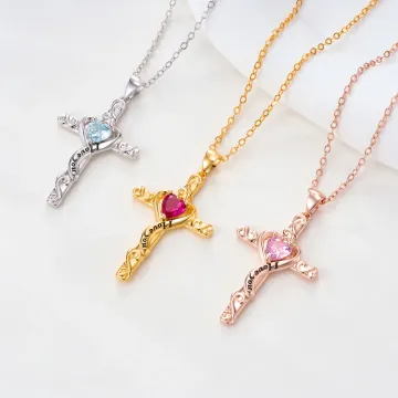 Discover Personalised I Love You Birthstone Cross Necklace Dainty Jewellery Baptism Prayer Day Anniversary Gift for Women Christians