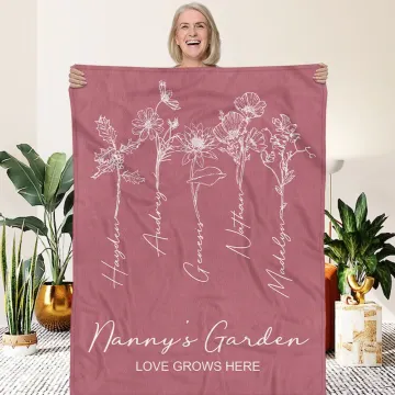 Discover Personalised Birth Flower Blanket with Name and Love Grows Here Quote Birthday Anniversary Family Gift for Mom Grandma