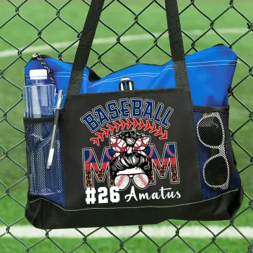 Discover Personalised Glitter Leopard Team Colour Cartoon Baseball Sport Bow Mom Tote Bag with Name Game Day Accessories Gift for Baseball Mom