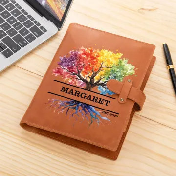 Discover Personalised Rainbow Tree of Life PU Leather A5 Notebook Cover with Text and Date Birthday Gift for Family Members