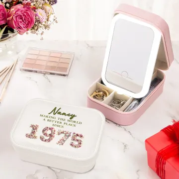 Discover Personalised Birth Year Roses Feathers Succulents Design Jewellery Box with Adjustable LED Makeup Mirror Travel Essentials Birthday Gift for Women
