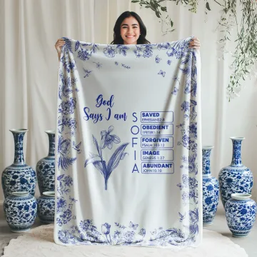 Discover Personalised Toile De Jouy Birth Flower Bible Chapter Name Soft Throw Blanket Baptism Birthday Christmas Gift for Women Christians