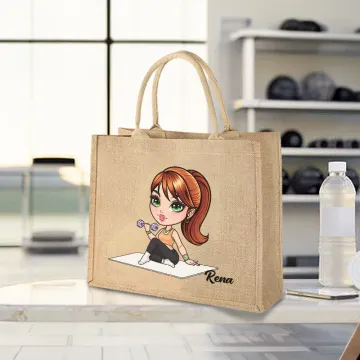 Discover Personalised Cartoon Sport Girl Large Jute Tote Bag with Name Gym Workout Birthday Gift for Sports Lover