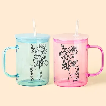 Discover Personalised Birth Flower Name 17oz Glass Jelly Cup with Matching Lid and Clear Straw Everyday Enjoyment Birthday Mother's Day Gift for Women