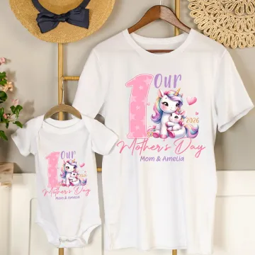 Discover Personalised First Mother's Day Dinosaur Fantasy Unicorn Animal 100% Cotton T-shirt Baby Bodysuit with Name and Year Mother's Day Gift for Mom Baby