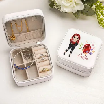 Discover Personalised Fashion Cartoon Girl Leather Jewellery Box with Floral Birthstone and Name Travel Essentials Birthday Gift for Women Girls