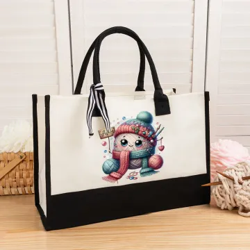 Discover Personalised Cartoon Crochet Pattern Large Canvas Tote Bag with Name Travel Accessories Birthday Gift for Knitting Lovers
