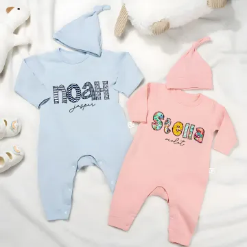Discover Personalised Colourful Floral Doodle Letter 100% Cotton Baby Romper Hat Set with Text Baby Shower Gift for Newborn New Parents