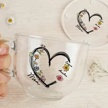 Discover Personalised 1-6 Birth Flowers Heart 16 oz Clear Glass Mug with Coaster Nickname and Names Birthday Mother's Day Gift for Mom Grandma