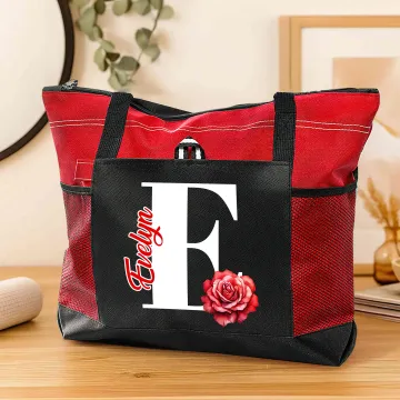 Discover Personalised Birth Flower Initial Large Tote Bag with Name and Mesh Pockets Daily Use Travel Birthday Gift for Women