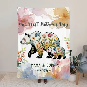 Discover Personalised Floral Mom-Kid Bear Cozy Throw Blanket with Title and Text Home Decor Mother's Day Gift for Mom