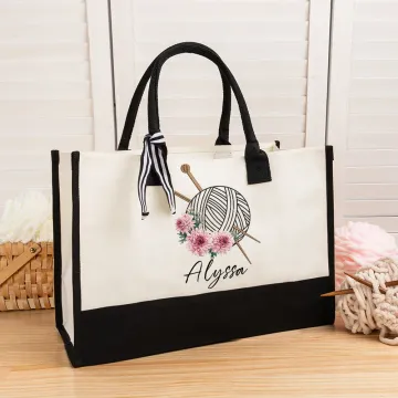 Discover Personalised Birth Flower Knitting Needles Yarn Large Canvas Tote Bag with Name Travel Accessories Birthday Holiday Gift for Knitting Lovers