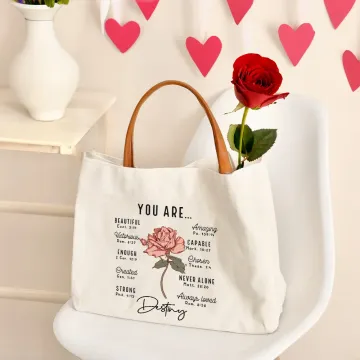 Discover Personalised Birth Flower Bible Verse Canvas Tote Bag with Name and Leather Handle Travel Accessories Baptism Birthday Gift for Women Christians