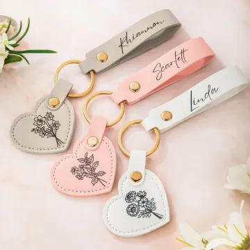 Discover Personalised Birth Flower Leather Heart Name Tag Keychain Backpack Accessories Mother's Day Birthday Gift for Women Bridesmaids