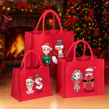 Discover Personalised Snowman Cartoon Character Large Red Burlap Tote Bag with Name and Initial Party Favor Christmas Gift for Kids Adults