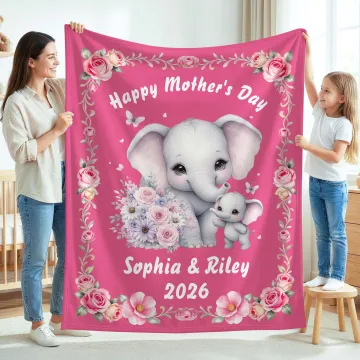 Discover Personalised Cartoon Elephant Watercolor Floral Border Soft Throw Blanket with Name and Curved Text Home Decor Mother's Day Gift for Mom Grandma