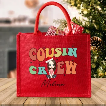 Discover Personalised Cousin Crew Cartoon Character Large Red Burlap Tote Bag with Name Party Favor Christmas Gift for Kids Adults